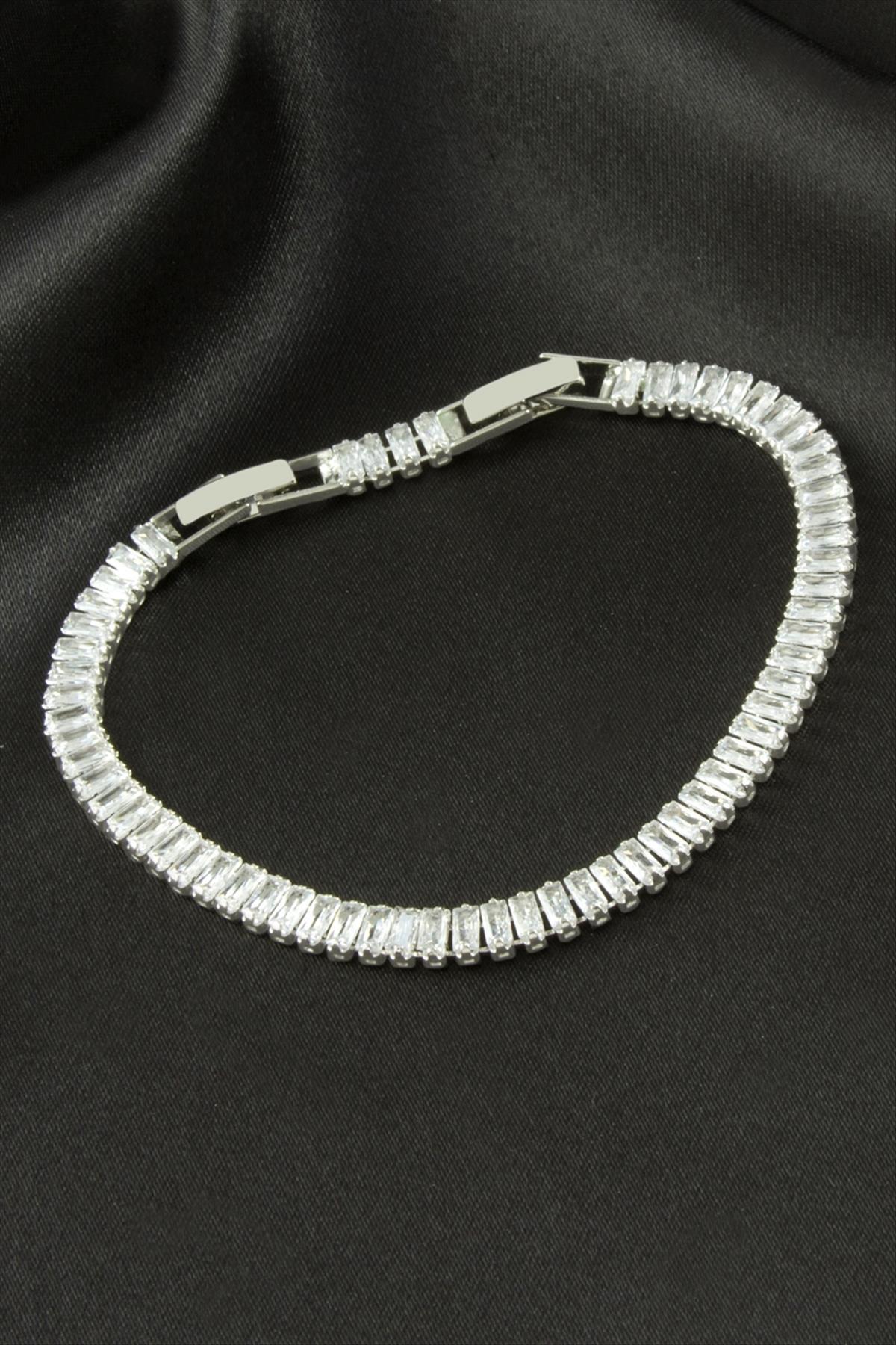 Baget Zirkon Taşlı Lüks Kararmaz Bileklik 5 mm-Gümüş Rengi