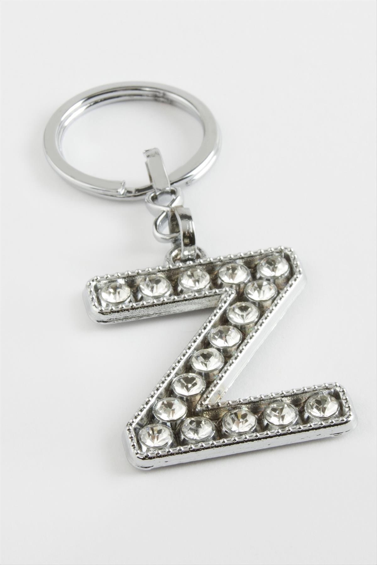 Gümüş Renkli Taşlı Harf Anahtarlık