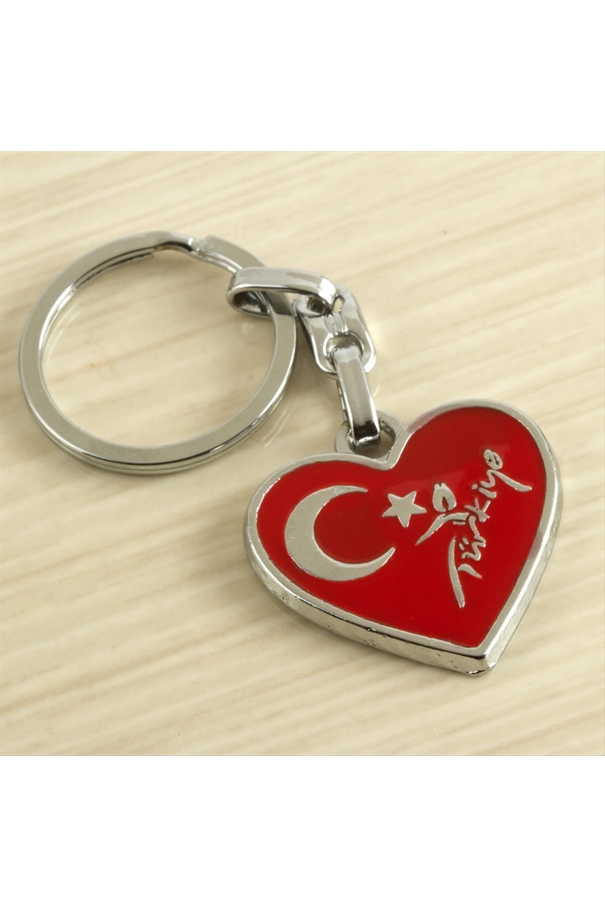Kalp Ay Yıldız Metal Anahtarlık-Kırmızı