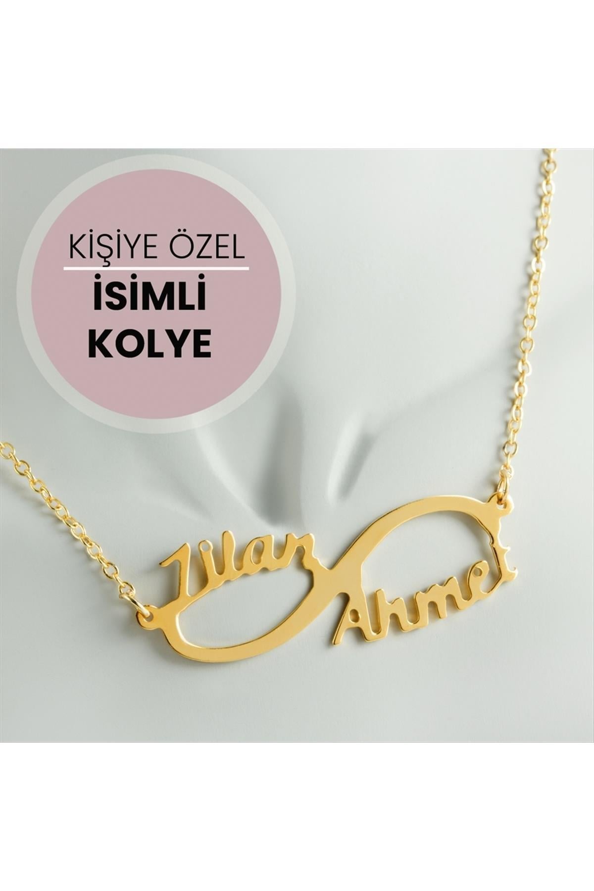 Kişiye Özel Sonsuzluk Çift İsim Yazılı Kolye Sarı