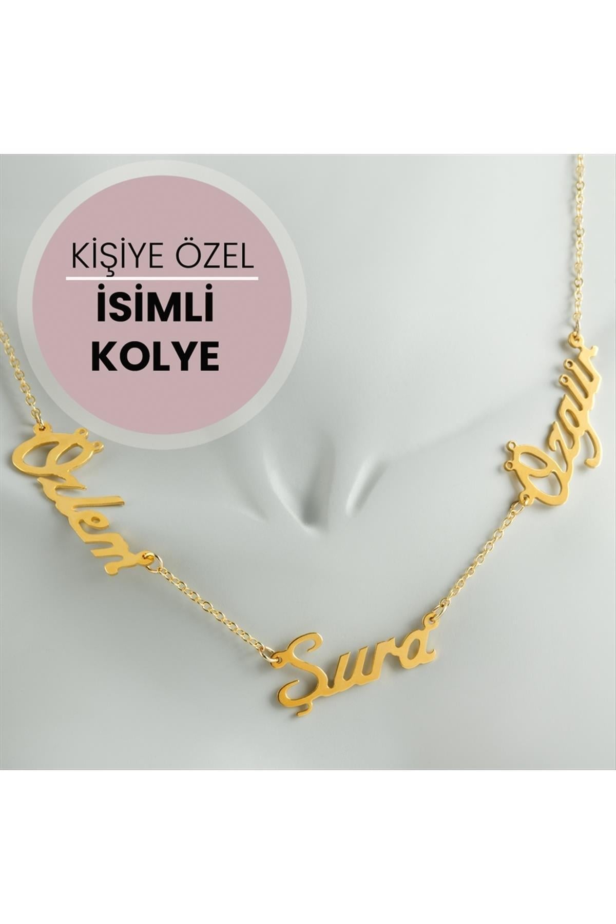 Kişiye Özel Üç İsim Yazılı Kolye Sarı