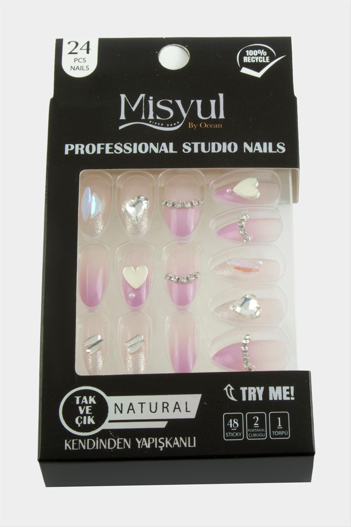Misyul Taşlı Takma Tırnak 24 Adet-Pembe
