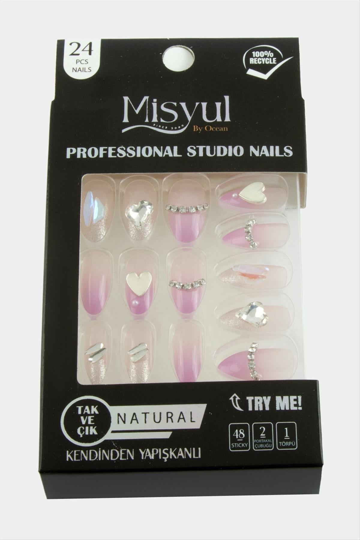Misyul Taşlı Takma Tırnak 24 Adet-Pembe