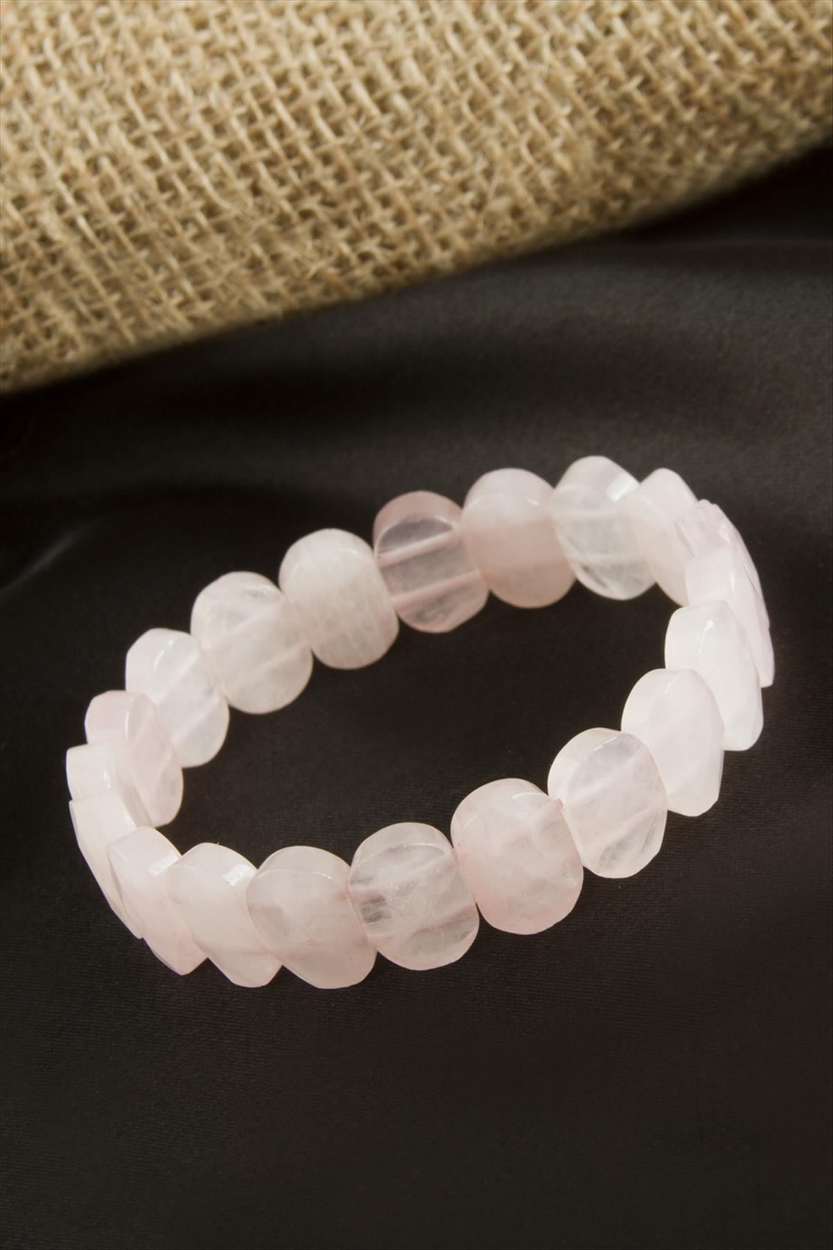 Oval Kesim Orjinal Pembe Kuvars Doğaltaşlı Bileklik-Pembe