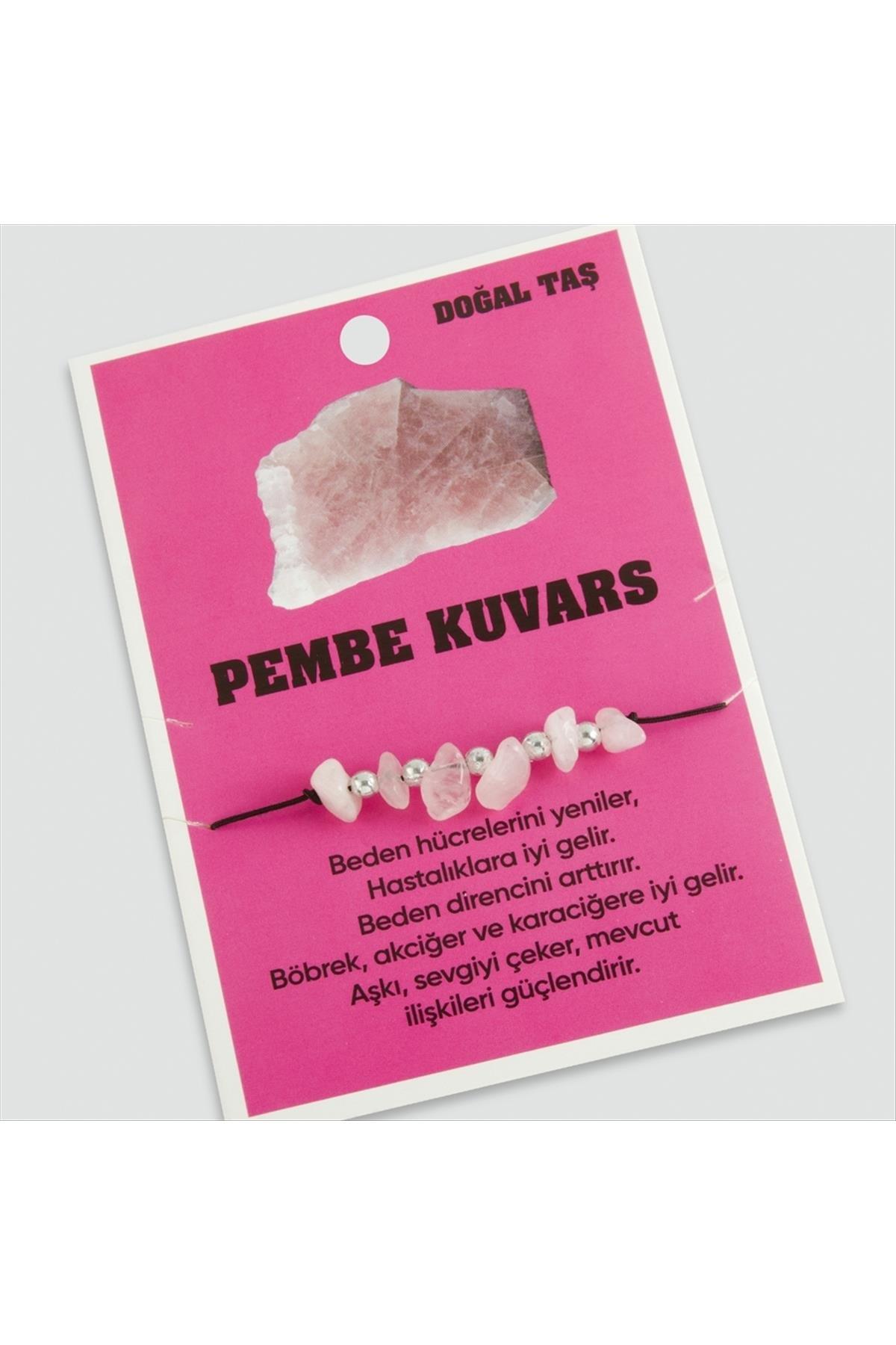 Pembe Kuvars Doğaltaşlı İp Bileklik-Pembe