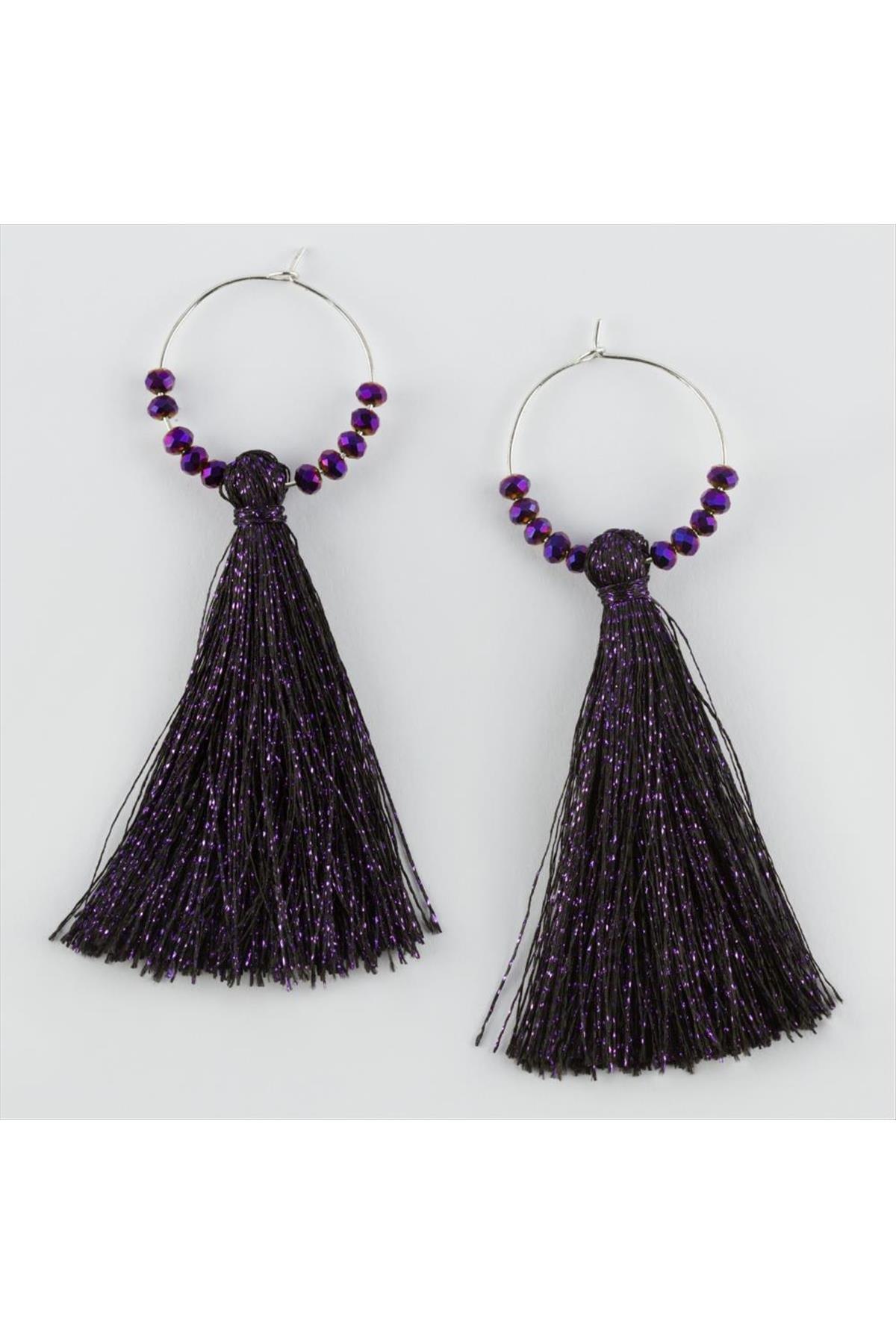 Simli Kristal Taşlı Halka Püskül Küpe