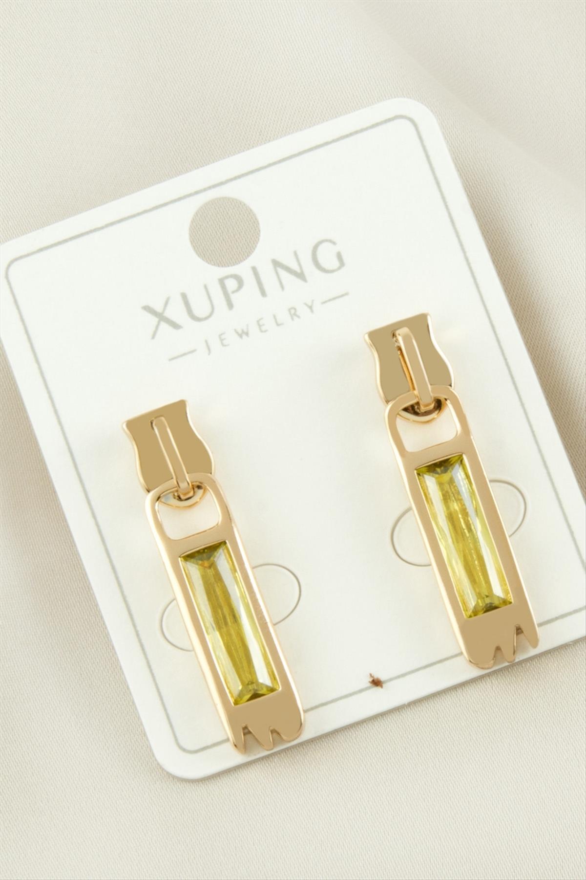 Xuping Fermuar Zirkon Taşlı Lüks Çelik Küpe-Sarı