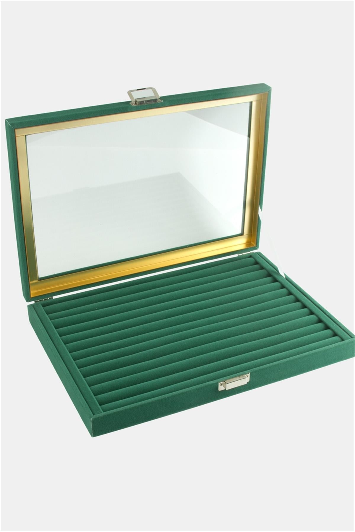 Cam Kapaklı Anfora Kumaş Kelepçe Yüzük Standı 24X34 cm-Yeşil