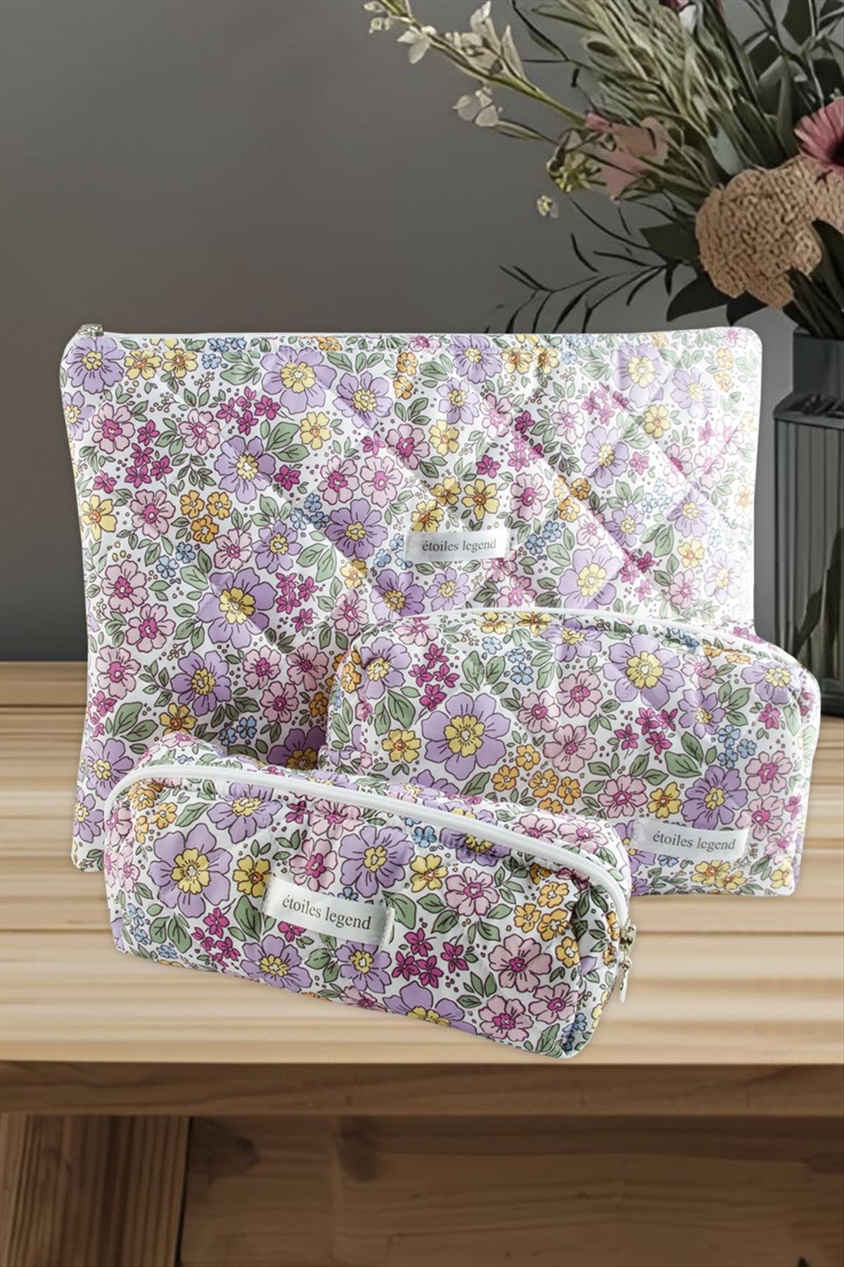 Çiçek Desenli Kalem Makyaj Labtop Bilgisayar Set Çantası