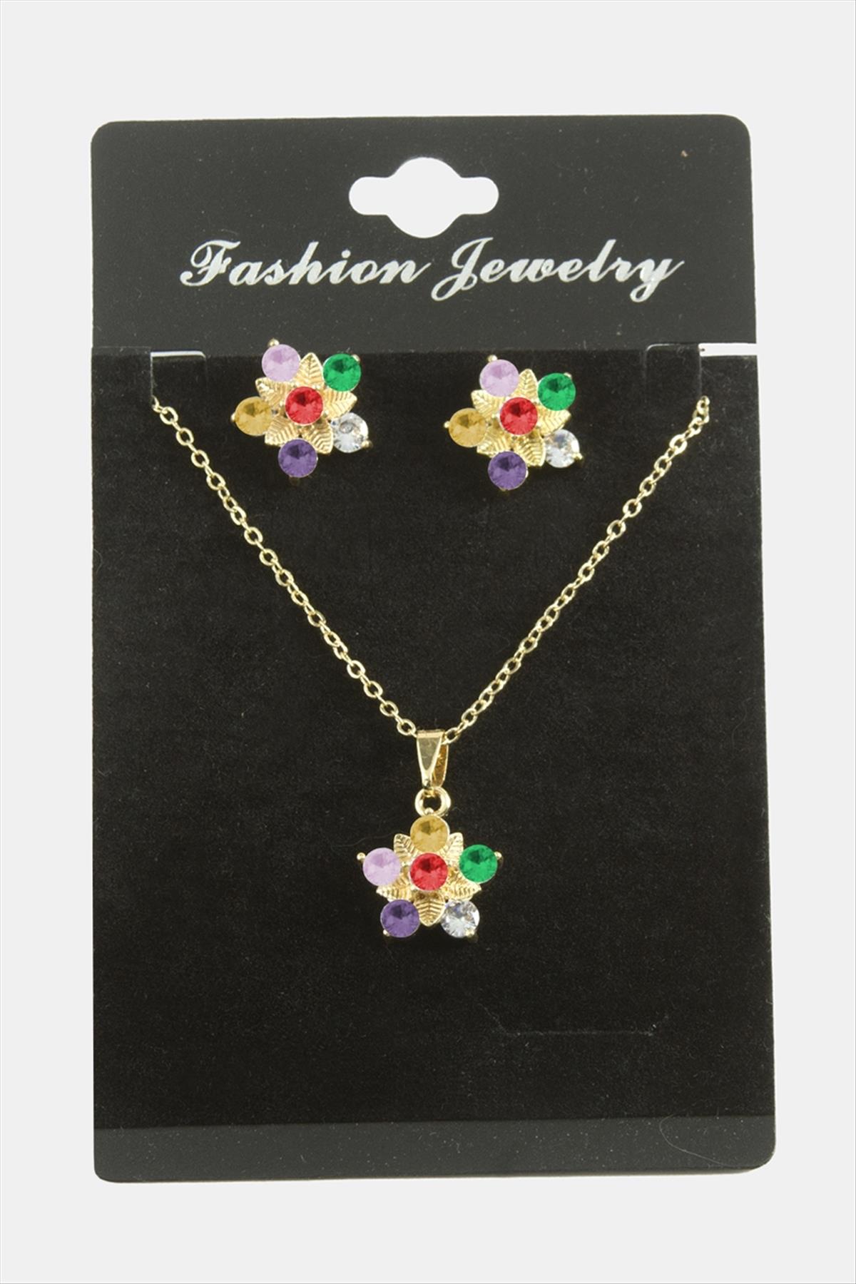 Çiçek Zirkon Taşlı Set Kolye-Renkli
