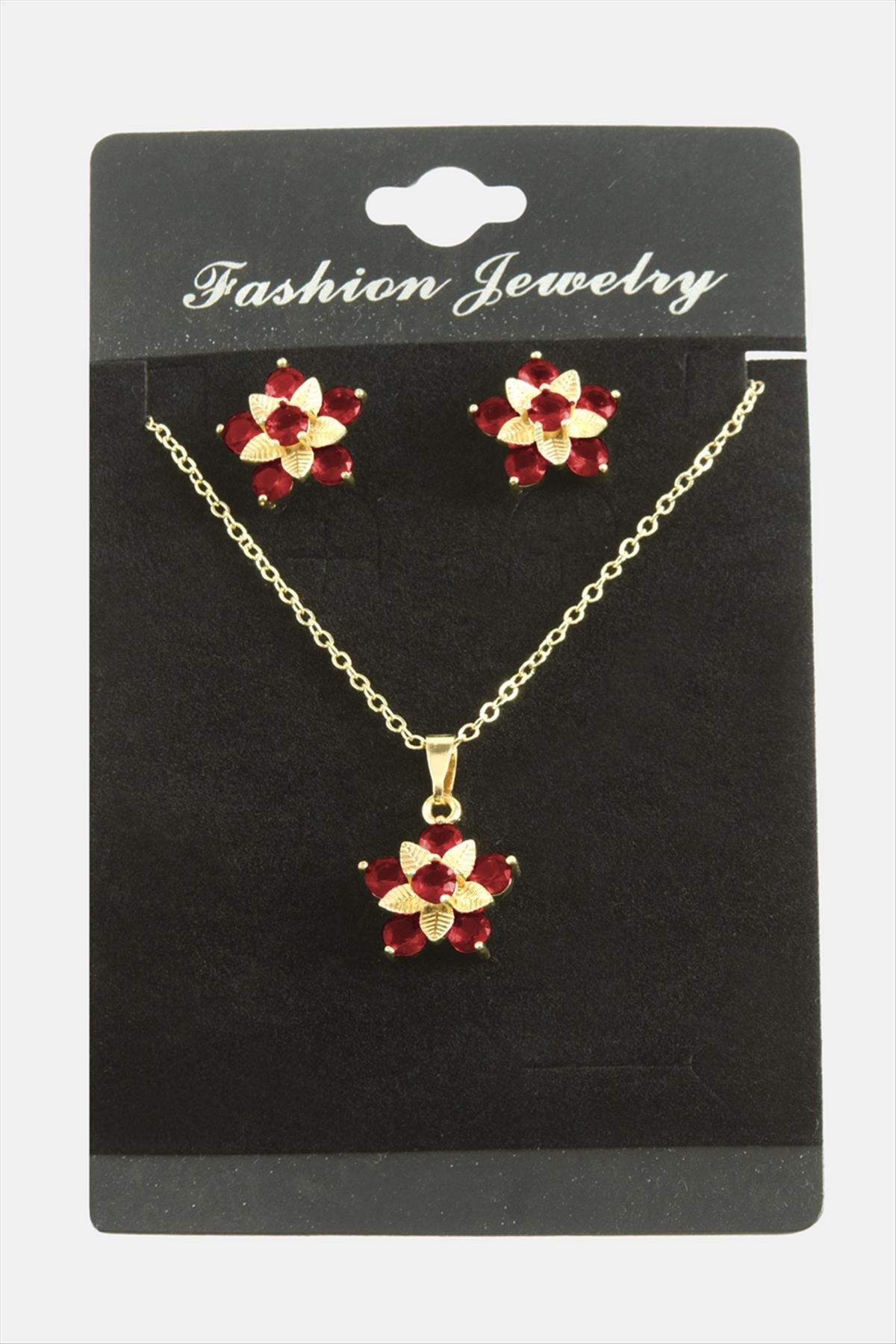Çiçek Zirkon Taşlı Set Kolye-Kırmızı