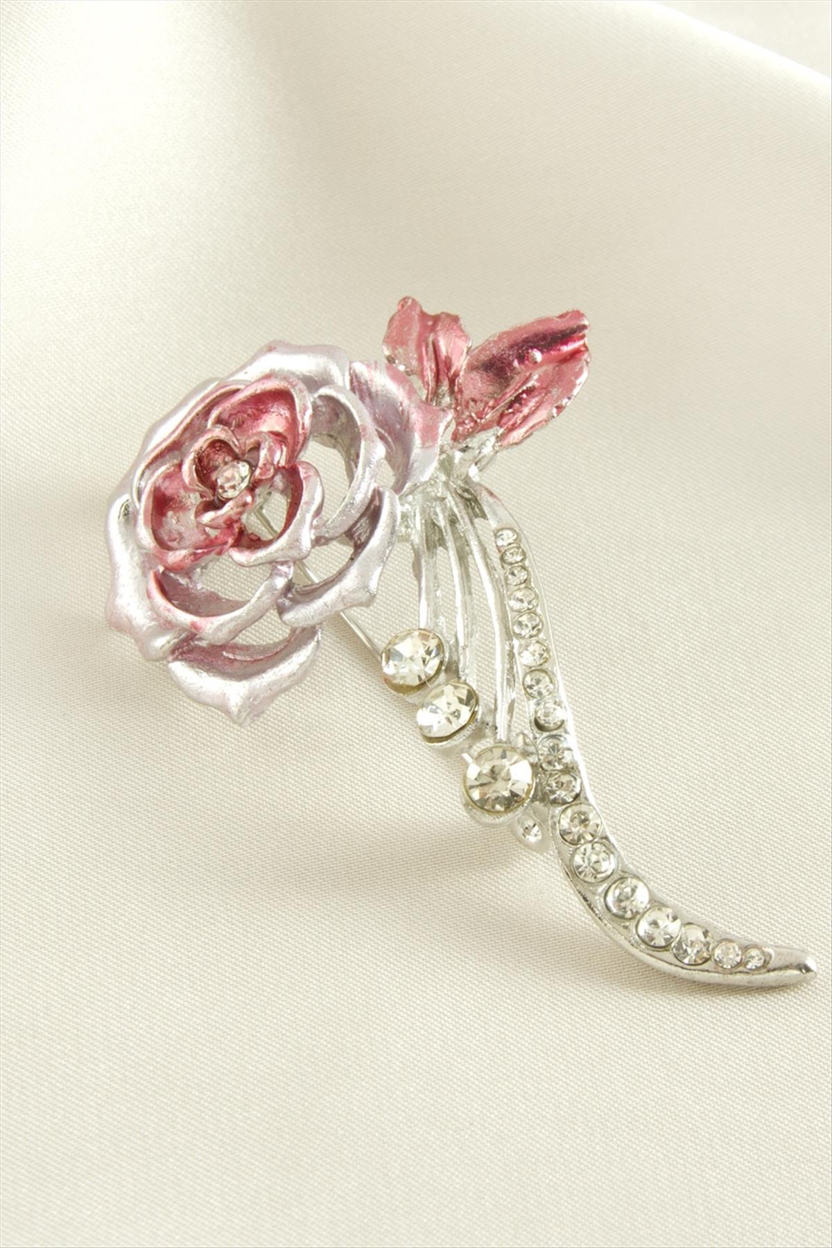 Gül Mineli Taşlı Broş