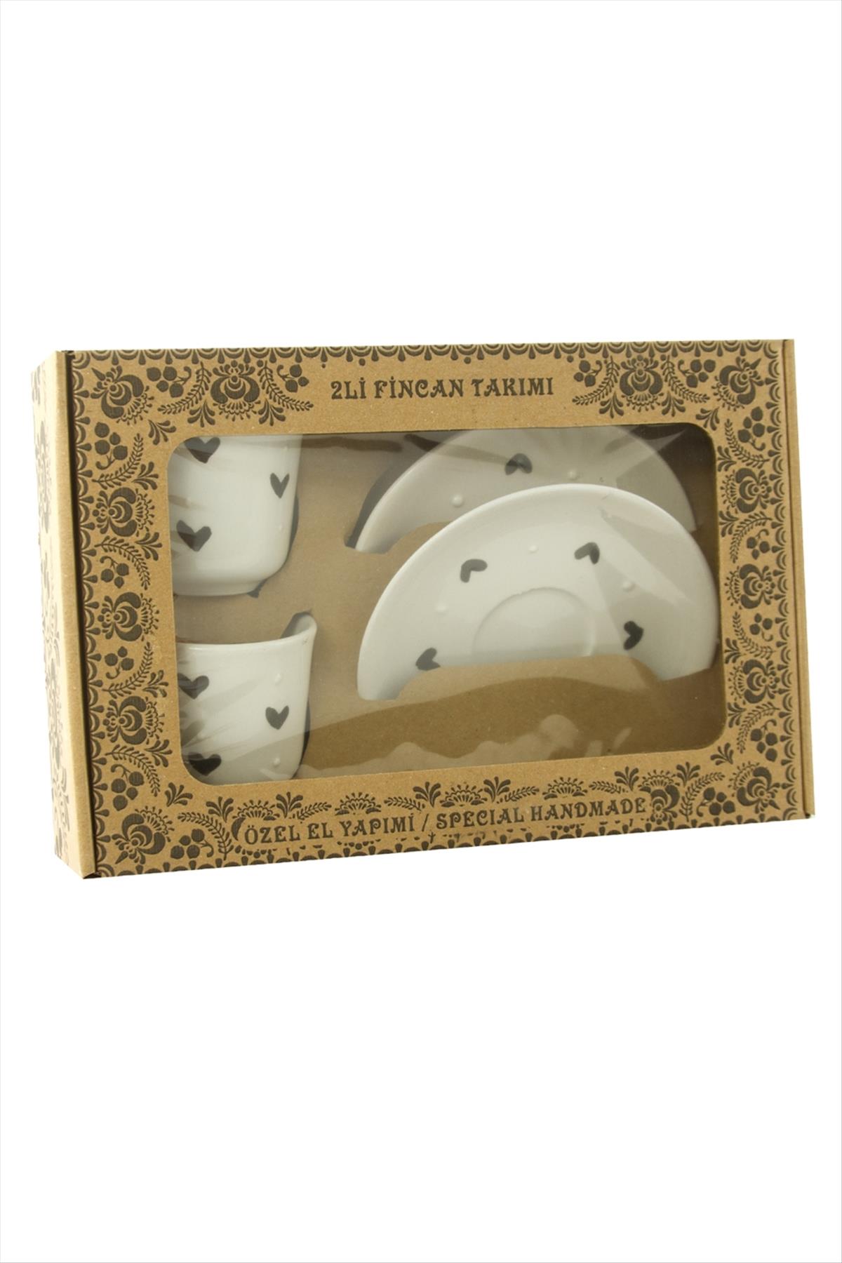 Kalp Desenli Seramik İkili Fincan Takımı