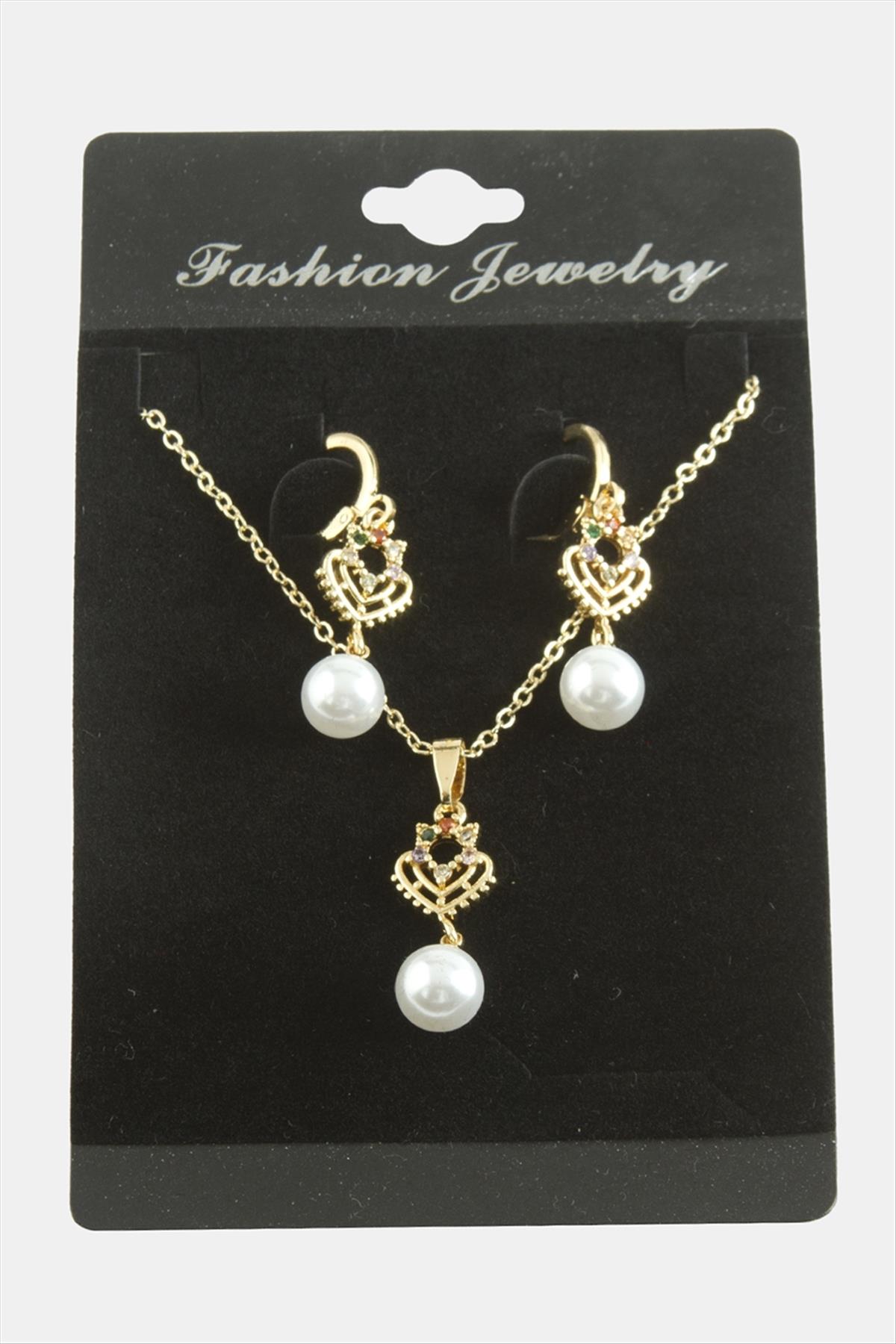 Kalp İnci Zirkon Taşlı Set Kolye
