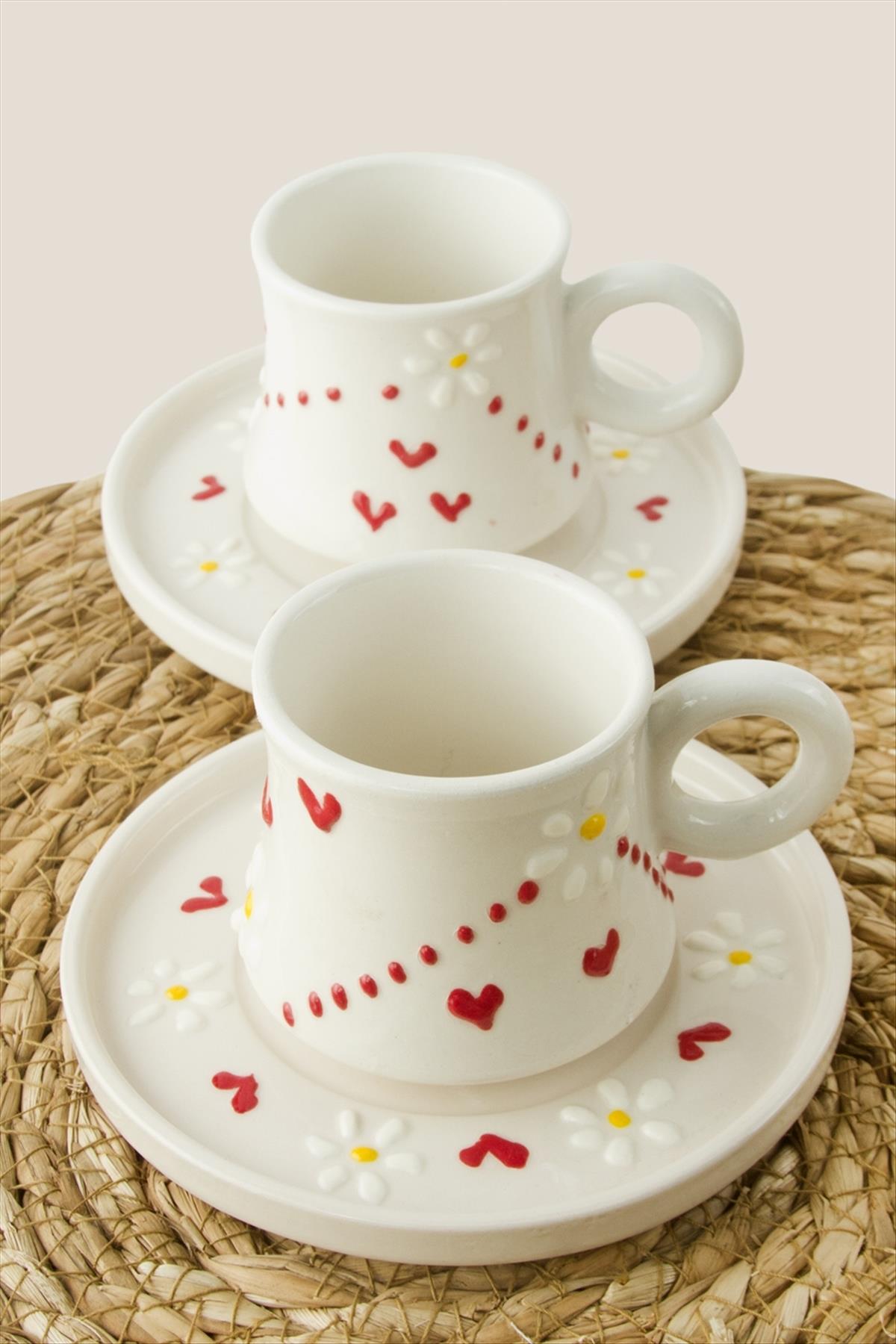 Kalp Papatya Desenli Seramik İkili Fincan Takımı