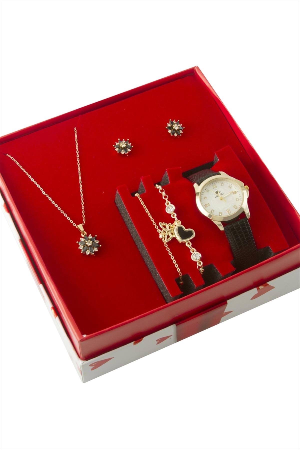 Kartanesi Kayışlı Bayan Kol Saati ve Takı Seti Kombini
