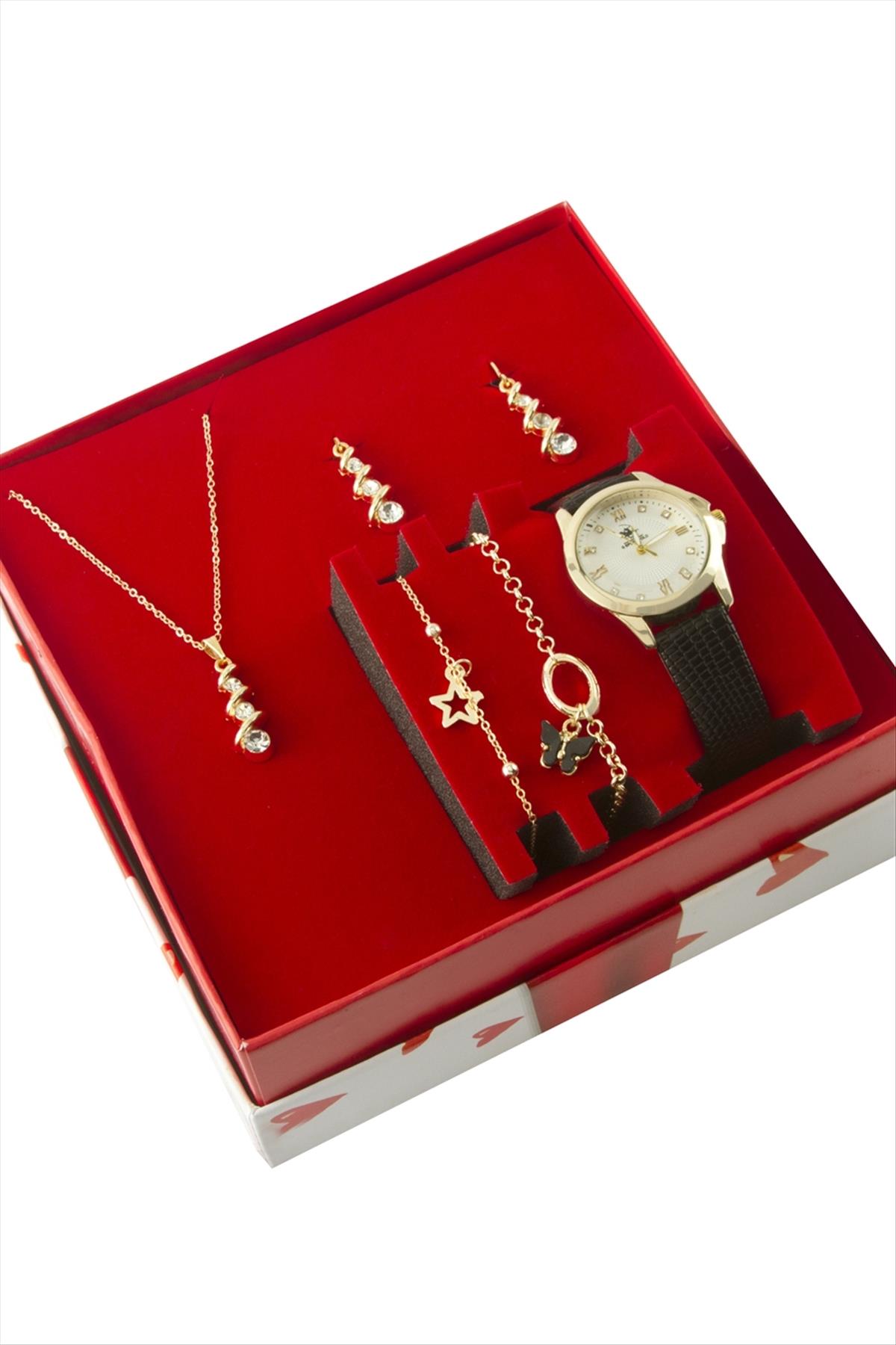 Kayışlı Bayan Kol Saati ve Takı Seti Kombini