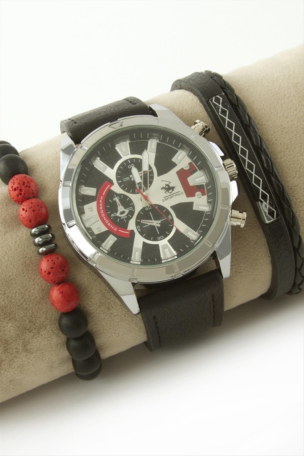 Kayışlı Erkek Kol Saati ve Bileklik Kombini