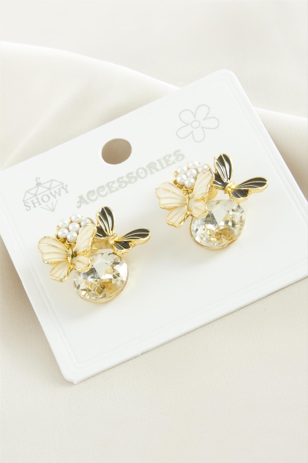 Kelebek İnci Taşlı Metal Küpe