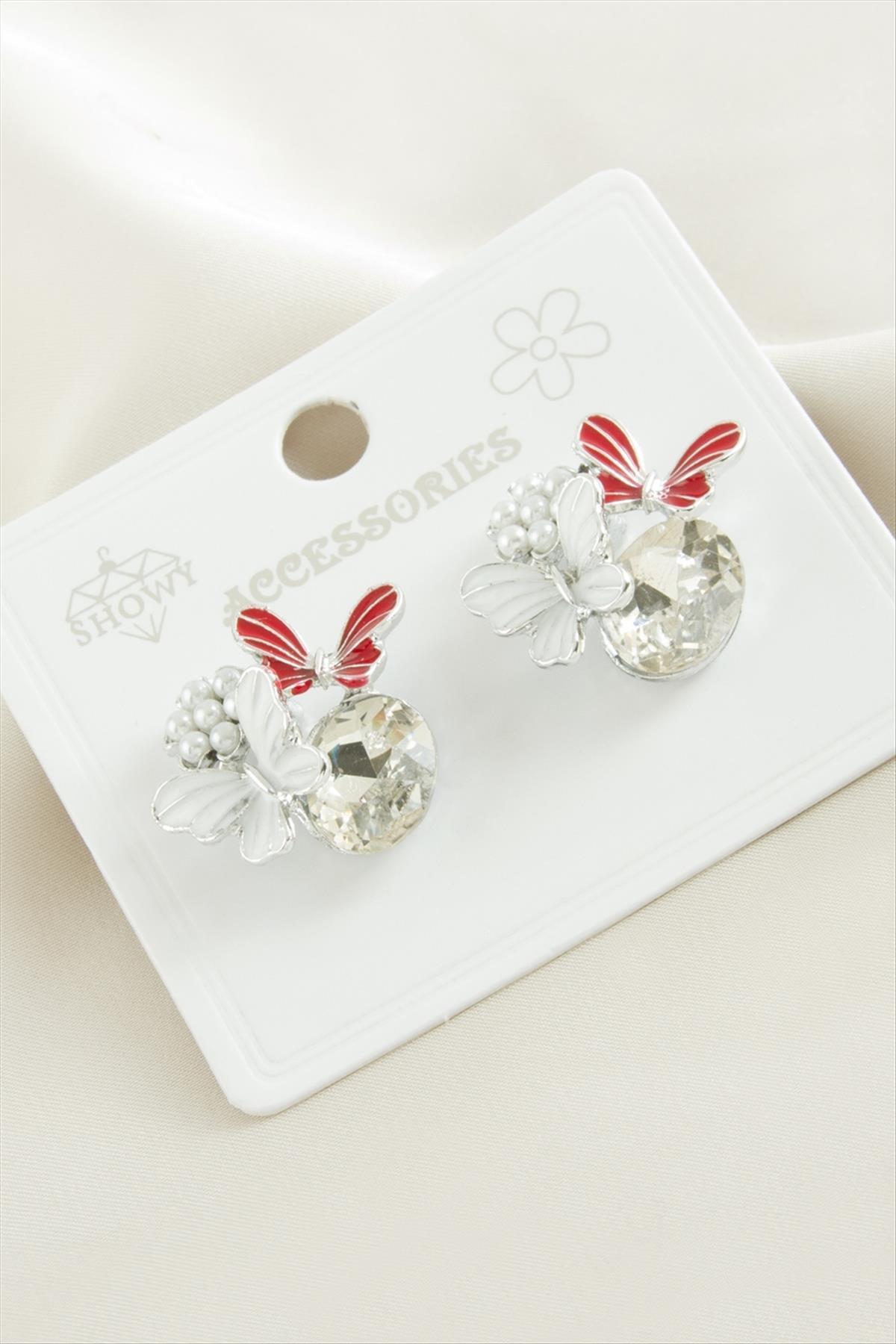 Kelebek İnci Taşlı Metal Küpe