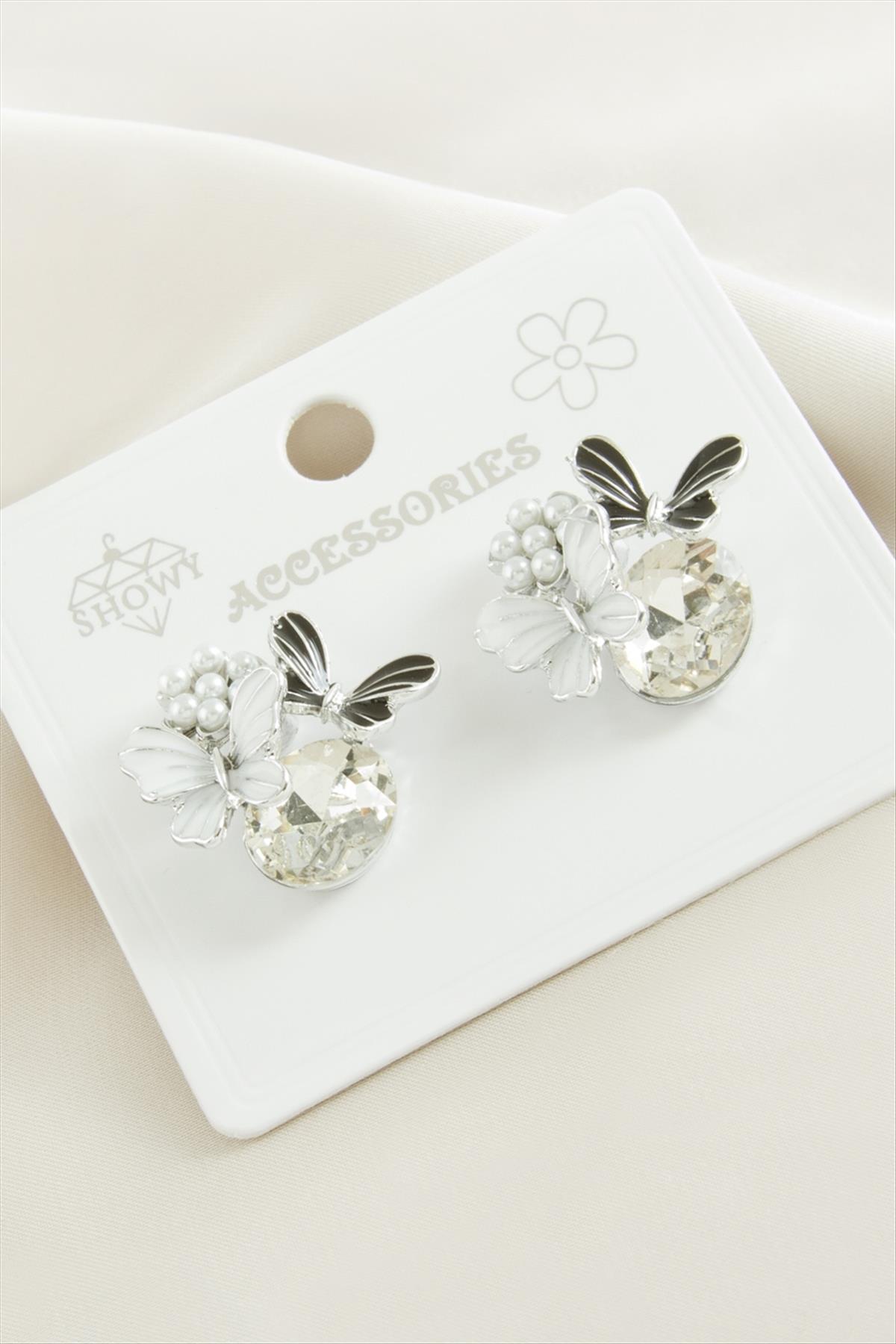 Kelebek İnci Taşlı Metal Küpe