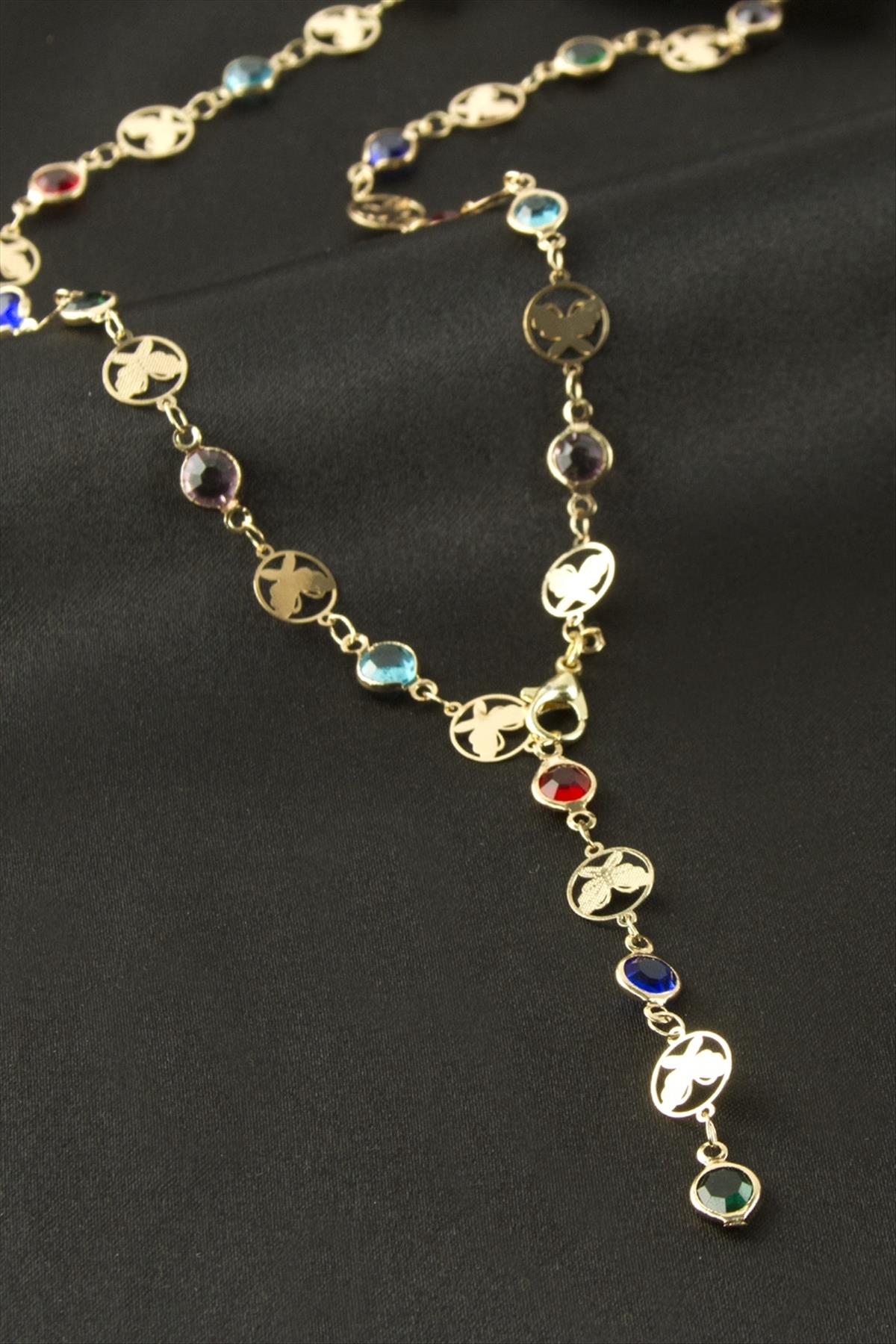 Kelebek Taşlı Çelik Y Kolye