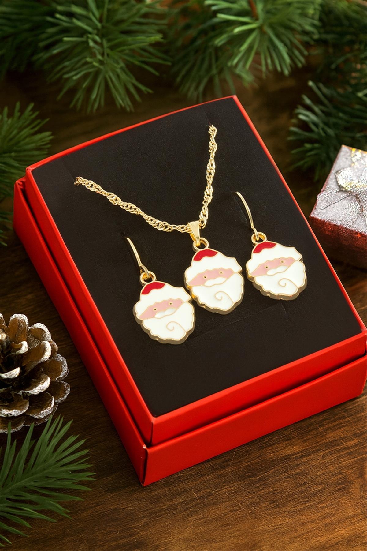 Noel Baba Yılbaşı Kutulu Zincir Kolye Set - Kırmızı