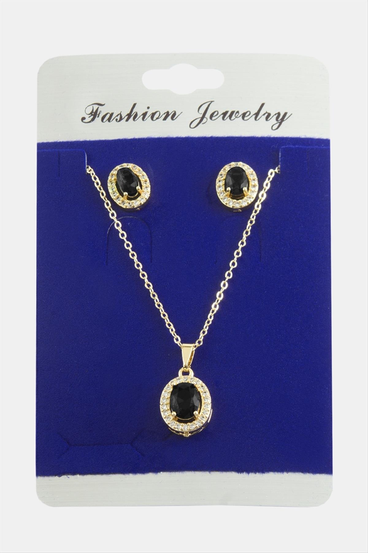Oval Zirkon Taşlı Set Kolye