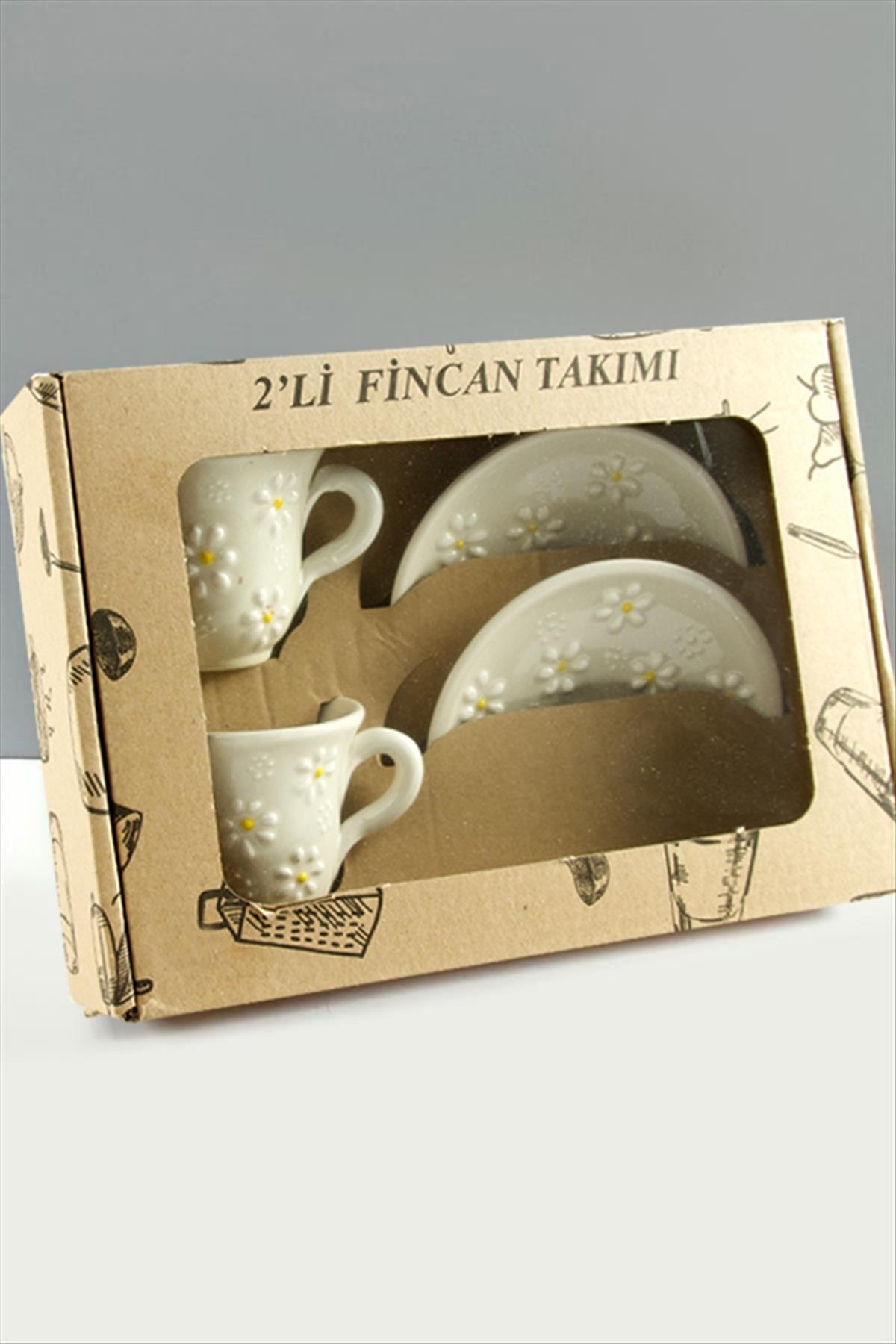Papatya Desenli Seramik İkili Fincan Takımı