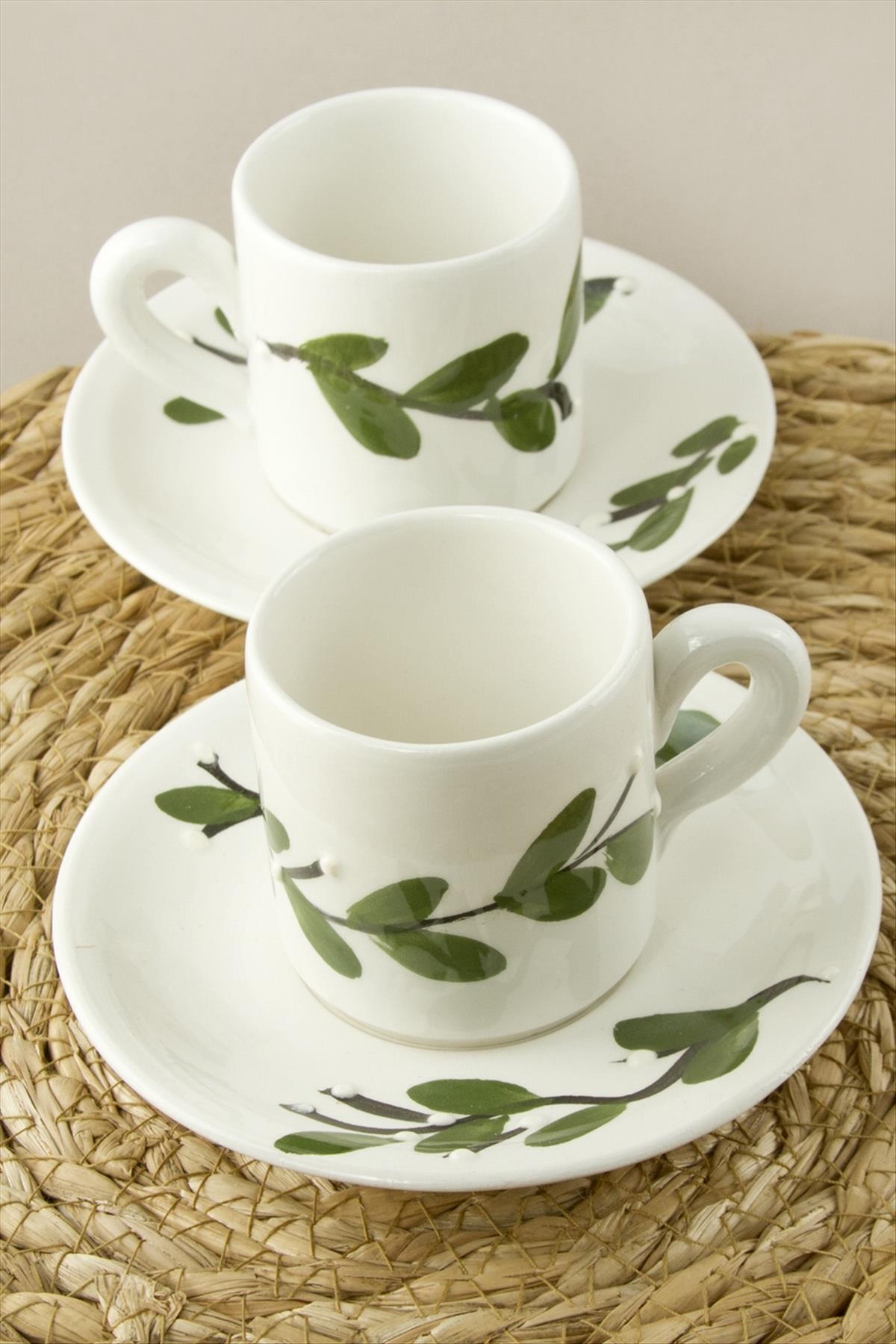 Yaprak Desenli Seramik İkili Fincan Takımı