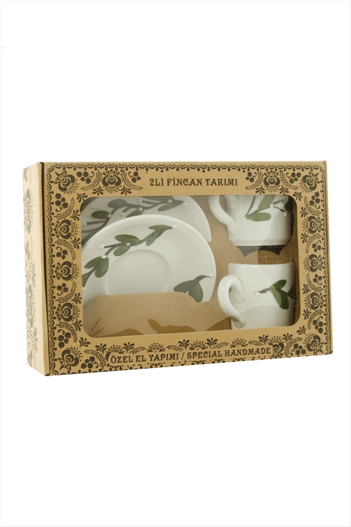 Yaprak Desenli Seramik İkili Fincan Takımı