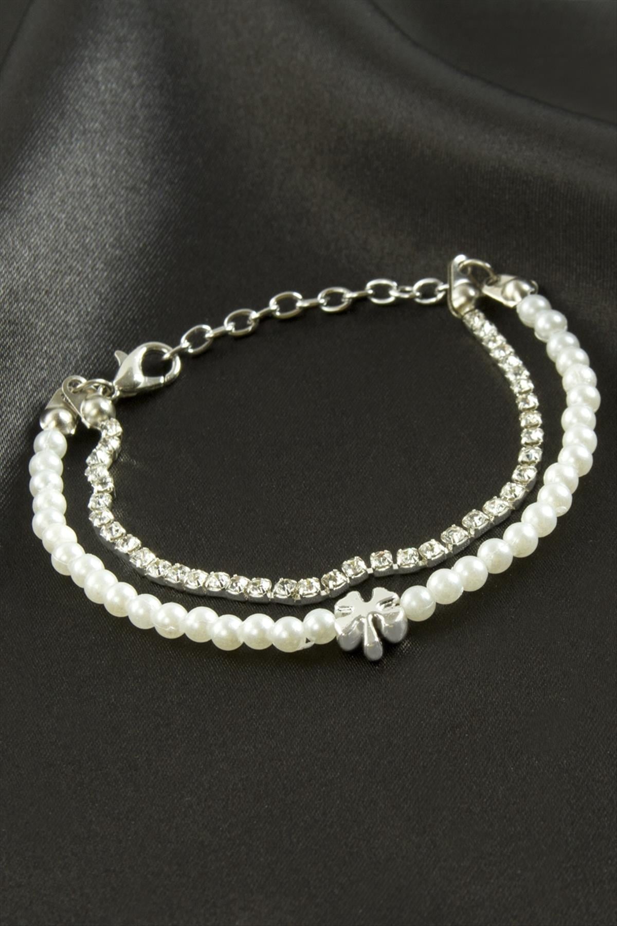 Yonca Şerit Taşlı İnci Bileklik