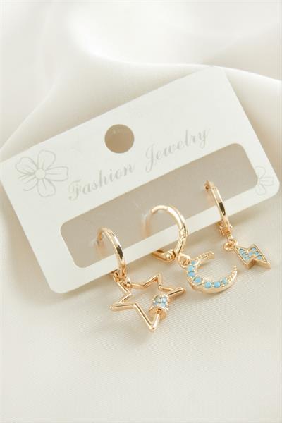 3 Adet Hilal Yıldız Zirkon Taşlı Küpe