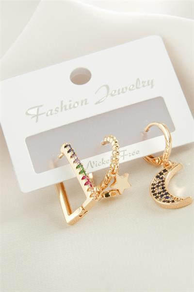 3 Adet Hilal Zirkon Taşlı Küpe