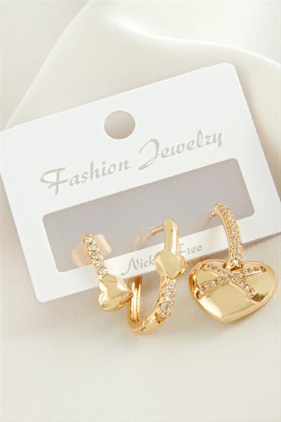 3 Adet Kalp Zirkon Taşlı Küpe