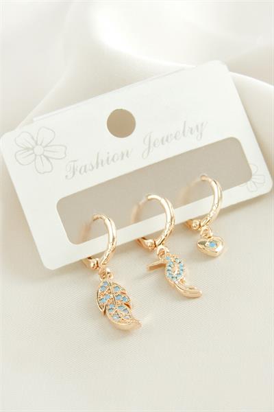 3 Adet Yaprak Zirkon Taşlı Küpe