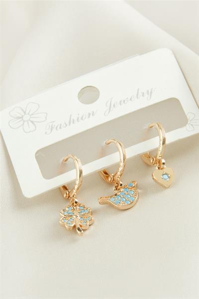 3 Adet Yonca Zirkon Taşlı Küpe