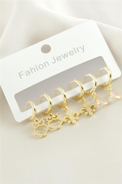 6 Adet Baykuş Damla Taşlı Halka Küpe