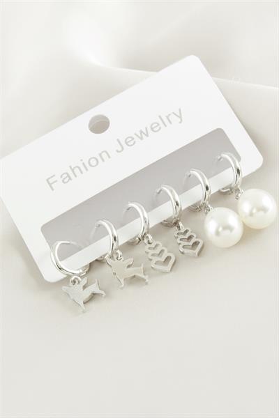 6 Adet Kalp İnci Taşlı Halka Küpe