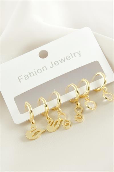 6 Adet Kuğu Sonzuluk Kalp Taşlı Halka Küpe