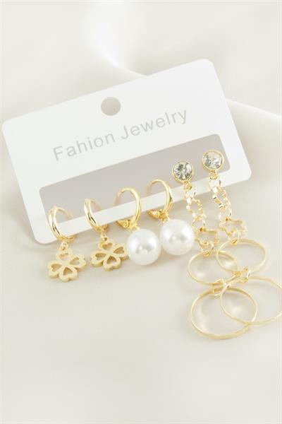 6 Adet Yonca İnci Taşlı Halka Küpe 