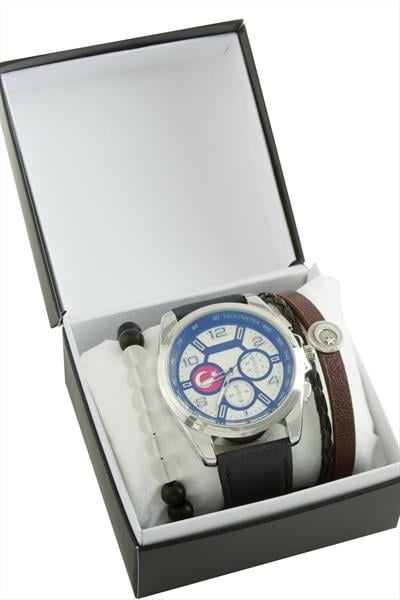 Ay Yıldız Kayışlı Erkek Kol Saati ve Kutulu Bileklik Kombini