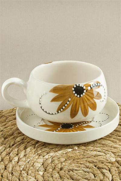 Ayçiçek Desenli Seramik Tabaklı Kupa