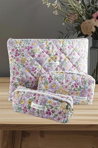 Çiçek Desenli Kalem Makyaj Labtop Bilgisayar Set Çantası