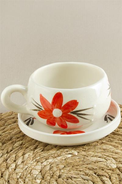 Çiçek Desenli Seramik Tabaklı Kupa