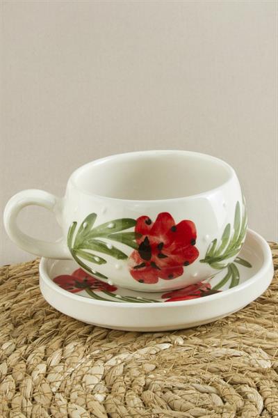 Çiçek Desenli Seramik Tabaklı Kupa