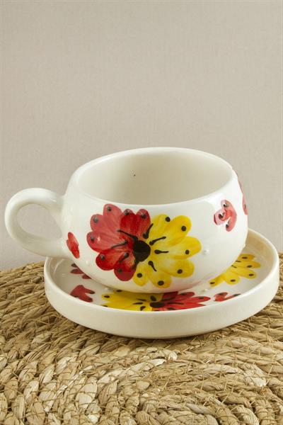 Çiçek Desenli Seramik Tabaklı Kupa