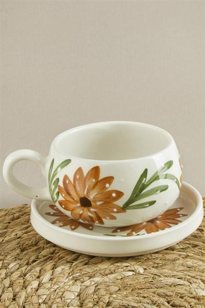 Çiçek Desenli Seramik Tabaklı Kupa