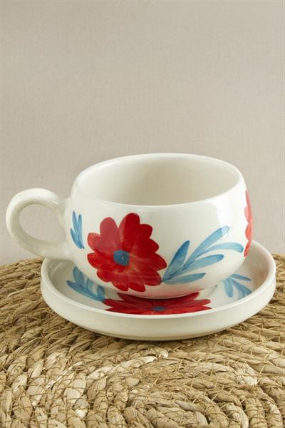 Çiçek Desenli Seramik Tabaklı Kupa