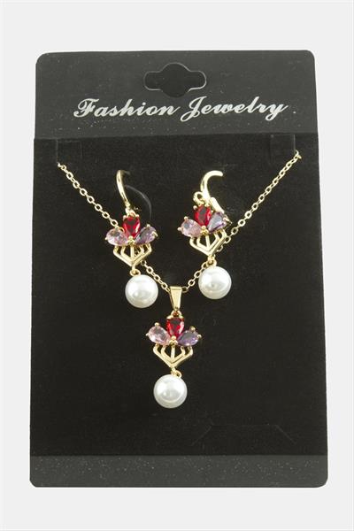 Çiçek İnci Zirkon Taşlı Set Kolye